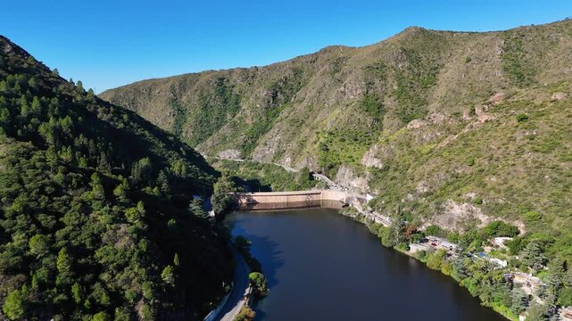 Aerial view flying over san roque dam in cordoba argentina