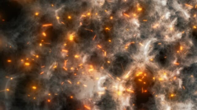 Dramatic smoky texture with glowing orange sparks and dark voids