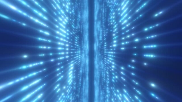 Futuristic blue light horizon with glowing dotted rays and reflective digital surface