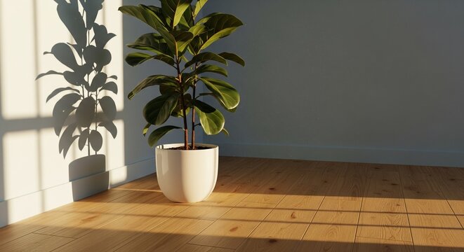 Fiddle leaf fig plant in white pot with shadow