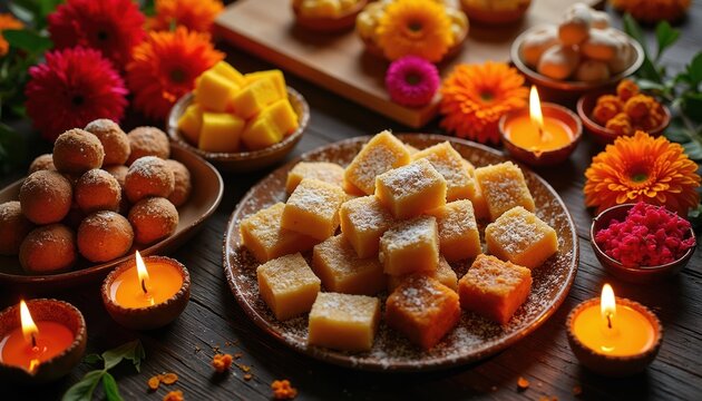 Sweet Indian treats with colorful flowers and lit candles on dark wood. Festive arrangement offers ladoo barfi and mithai for celebration. Tasty dessert mix.