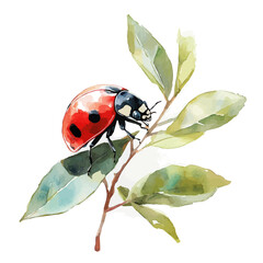 Ladybug Crawling Spring Leaves, illustration watercolor with playful splashes and delicate line details, isolated on a white background. © lunaris