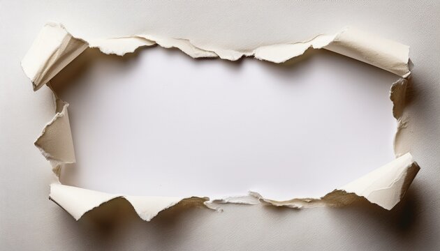 hand torn paper frame with rough uneven edges natural off white paper texture white background