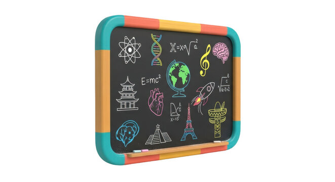 Colorful educational chalkboard with science and math symbols