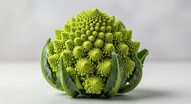 A single head of Romanesco broccoli showing its unique green fractal patterns against a clean, light grey background