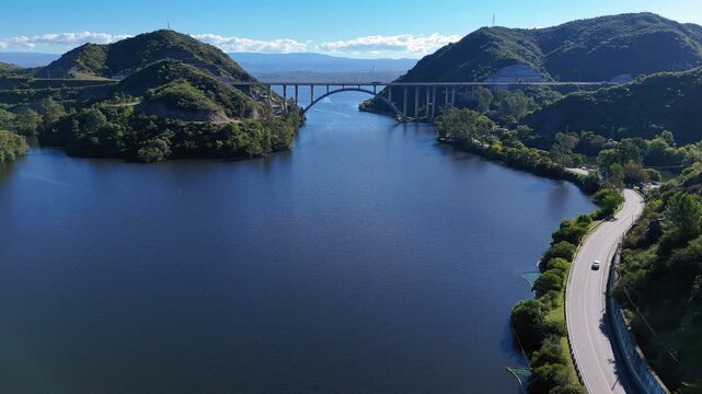 Aerial view of san roque lake bridge in cordoba argentina