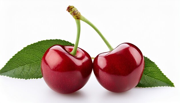 two red cherries with green leaf on white background