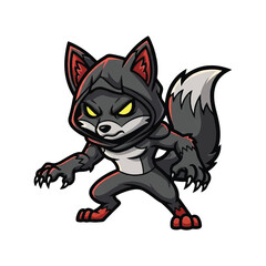 Fototapeta premium Cartoon wolf in hooded outfit standing.