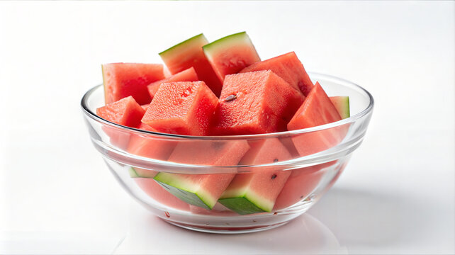 Fresh watermelon. juicy watermelon chunks in a transparent bowl. Cubed watermelon pieces in a clear glass bowl showing bright red fruit.