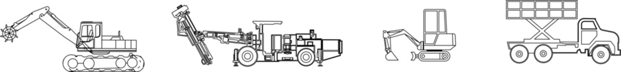 Technical engineering drawing set of heavy machinery including road milling machines, mini excavator, and scissor lift truck in side elevation CAD. © Riki