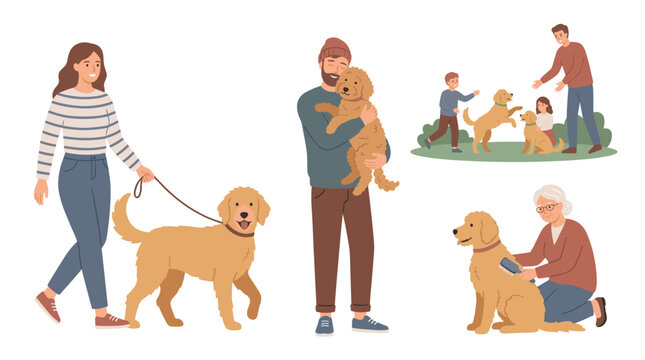 Happy pet owners and goldendoodle dogs flat vector characters set including woman walking man holding puppy kids playing and senior grooming.