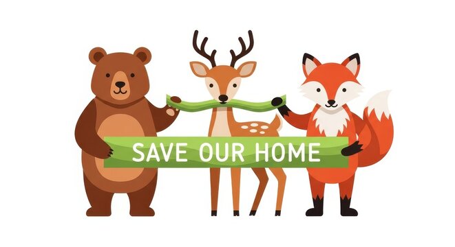 a cartoon bear, deer, and fox holding a green sign that says save our home in a white background ani