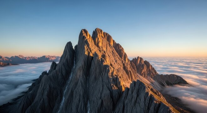 aerial view of a mountain range above the clouds at sunrise or sunset with a clear blue sky and oran