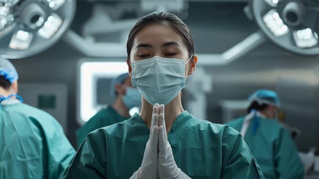 東アジア人の女性30代外科医が手術前に器具を受け取る緊張感ある瞬間