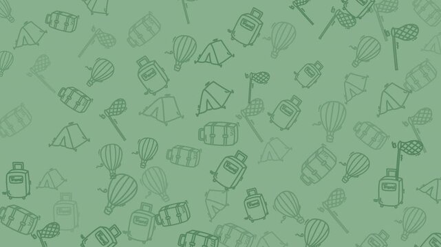 Green camping and travel themed doodles perfect for naturethemed designs, outdoor adventure websites, vacation posters, and campground brochures.