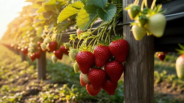 Vibrant red strawberries hang in luscious clusters, ripening under the warm golden sunlight on a modern vertical farm, showcasing bountiful harvest and sustainable agricultural practices at sunset.
