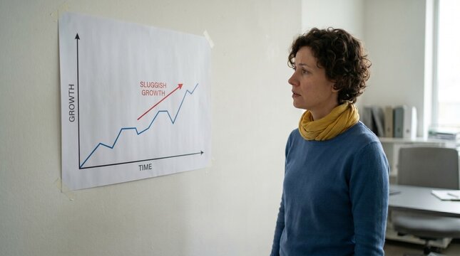 a woman stares with a concerned, weary expression at a line graph on a wall marked "SLUGGISH GROWTH." It serves as a visual metaphor for the psychological toll of stagnation and the mounting anxiety o
