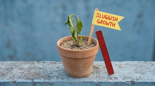 A wilting plant in parched, cracked earth sits next to a "SLUGGISH GROWTH" sign. It&rsquo;s a stark metaphor for stagnation and the frustration of stalled potential despite having the tools to measure it.