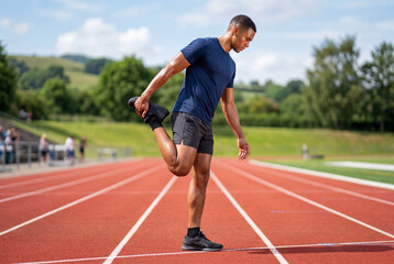Fototapeta premium Fit male athlete stretching leg on red running track before training