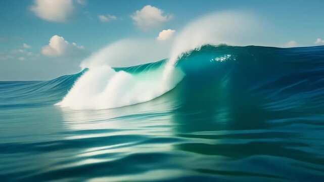 Powerful ocean wave cresting with spray under a clear blue sky with clouds.