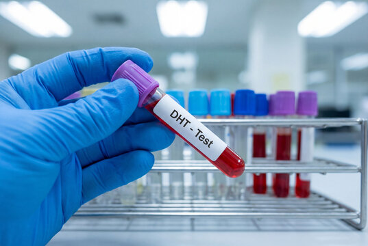 Gloved hand holding blood sample tube for DHT test in medical laboratory