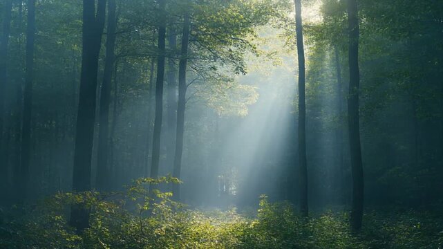 Sunlight beams through misty forest canopy, illuminating green foliage and trees.