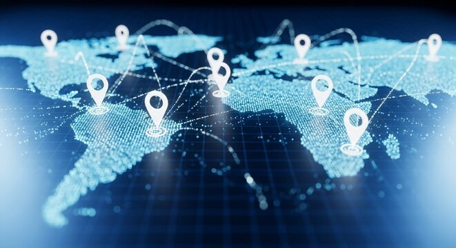 Global Connections Digital World Map with Location Pins