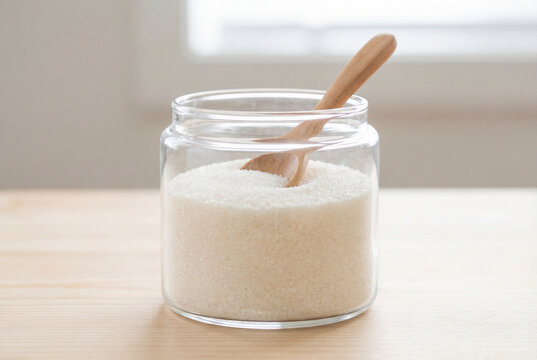 Glass jar of white gelatin powder with a wooden spoon on a wooden table