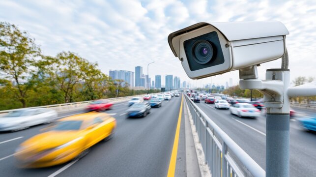 Traffic monitoring camera overlooking a busy urban road with flowing vehicles, including cars and a yellow taxi, in a cityscape with skyscrapers in the background