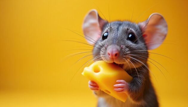 Cute mouse holds big cheese slice. Rodent with big ears and whiskers looks happy. Small animal with cheese against bright yellow background. Funny cartoon style illustration.