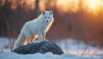 Fototapeta premium White arctic fox stands on rock in snow. Golden sunset light illuminates animal fur. Fox looks at camera in wild winter nature. Snowdrift surrounds the fox.