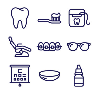 Dental and Eye Care Medical Line Icons Set &mdash; Tooth, Braces, Eye Chart, Contact Lens, Dental Chair Vector Illustration