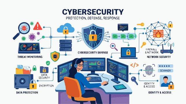 A detailed cybersecurity infographic shows a woman monitoring systems at a multi-screen desk, surrounded by threat protection icons.