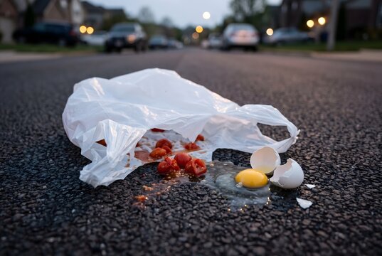 Diagonal perspective of an asphalt street with a torn shopping bag and spilled egg