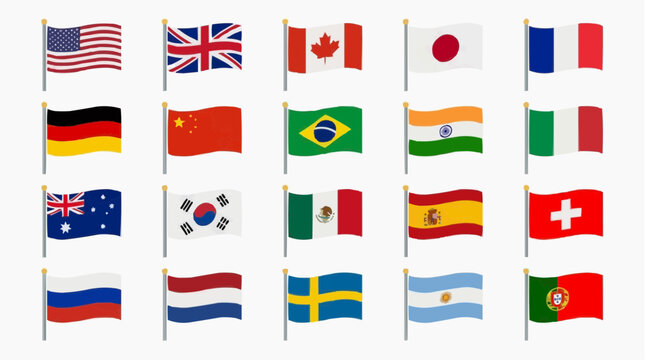 A vibrant collection of diverse national flags from countries worldwide, gently waving on individual flagpoles.