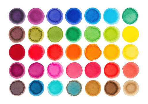 close-up photorealistic studio shot of twenty-four vibrant watercolor washes in a neat 4x6 grid, macro pigment texture details, transparent background. Concept for sophisticated design asset
