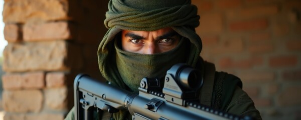Naklejka premium Man wears green keffiyeh headwrap and face covering. He holds assault rifle with optical sight. Brick wall background. Intense eyes stare forward.