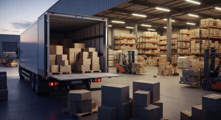Naklejka premium Large semi truck being loaded with stacked cardboard boxes onto pallets inside a brightly lit industrial warehouse facility during twilight hours