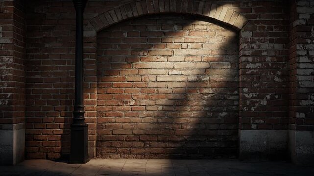 Brick wall illuminated by street lamp, archway, urban background