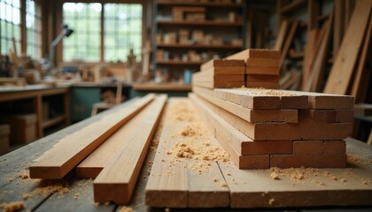 Fototapeta premium Wood planks and lumber piled in carpentry workshop. Sawdust covers workbench surface. Shelves with wood stocked in background. Natural wood material for furniture construction.