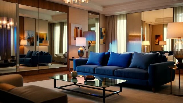 Luxurious modern living room with blue sofa and mirrors