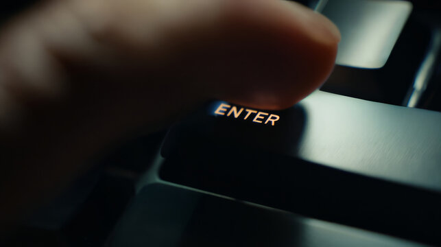 Finger pressing enter key on a keyboard.