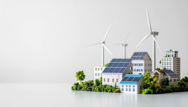 Eco-friendly urban development concept featuring renewable energy and green architecture.