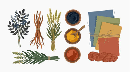 Naklejka premium A detailed illustration depicting the components and techniques of natural dye-making, showcasing the beauty of the botanical world and the artistry of the process.