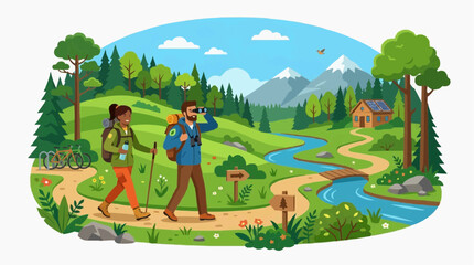 Naklejka premium A couple walking along a scenic trail, enjoying the nature and the stunning mountain views.
