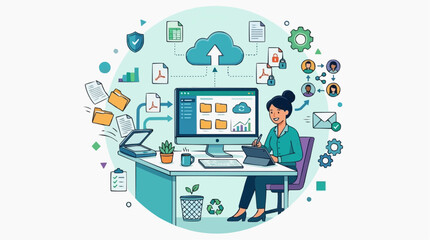 Fototapeta premium A vibrant illustration showcasing a woman expertly managing documents and data within a cloud-based digital workspace.