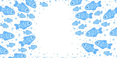 Fototapeta premium Fish School Side Border Frame Wide Horizontal White Background Blue Bubbles