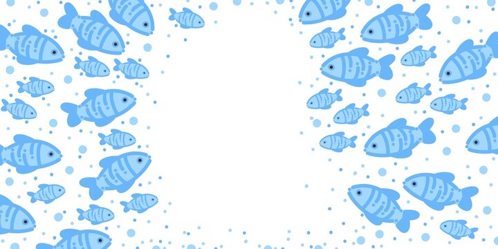 Fish School Side Border Frame Wide Horizontal White Background Blue Bubbles