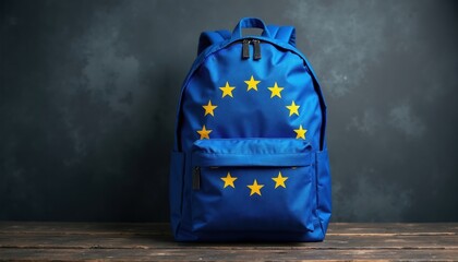 Obraz premium Blue backpack with European Union flag symbols. Functional bag for student travel and education. Modern accessory for trips across the continent.