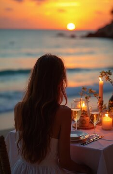 Woman sits alone at table set for dinner by sea. Sunset sky glows orange over calm ocean waves. Candles and champagne glasses create romantic atmosphere.